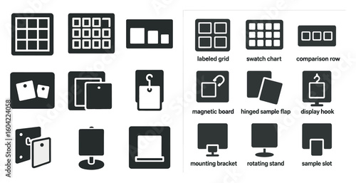 Retail display outline icons set – swatch, grid, comparison symbols for stores