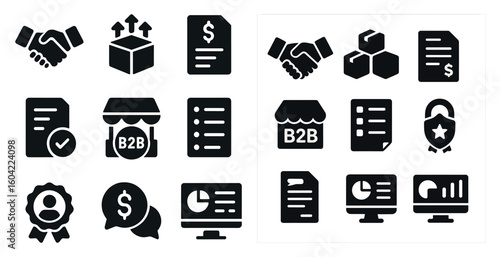 Business and finance solid icons set – silhouette, filled, trade and analytics symbols