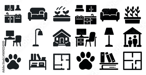 Home and furniture solid icons set – filled, silhouette, interior and decor symbols