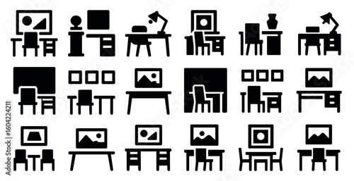 Home office silhouette icons set – furniture, workspace, desk essentials