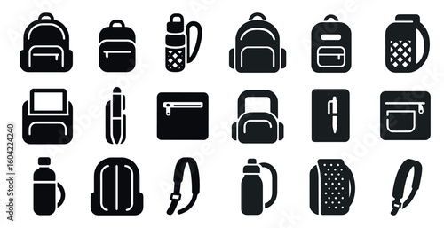 Backpack and school accessories silhouette icons set – solid, flat, bag and stationery symbols