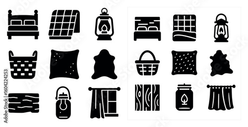 Home and living solid icons set – filled, silhouette, interior and decor symbols
