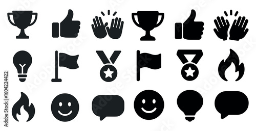 Award and celebration solid icons set – trophy, silhouette, achievement graphics