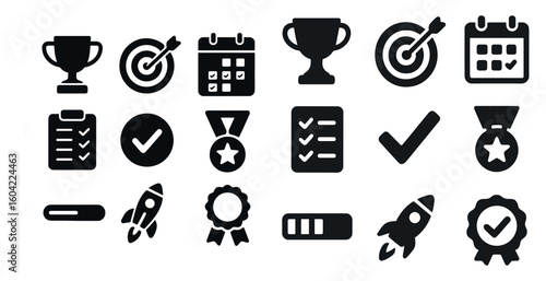 Achievement and success solid icons set – flat, filled, award and goal symbols