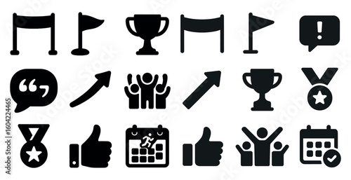 Celebration and awards solid icons set – party, victory, festive symbols