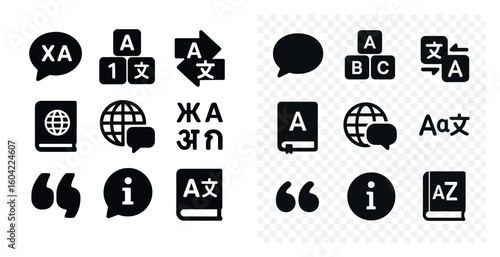Translation and language solid icons set – silhouette, communication, text symbols