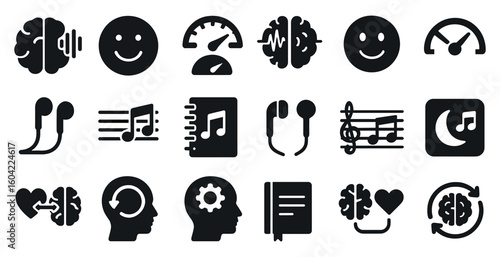 Music and brain solid icons set – filled, outline, audio and mental health symbols
