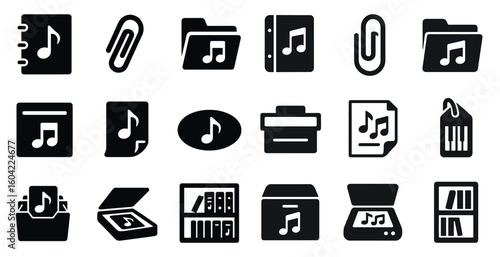Music and file solid icons set – filled, organized, document storage graphics