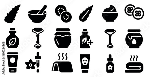 Natural skincare solid icons set – beauty, cosmetics, wellness symbols