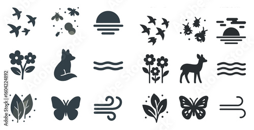 Nature and wildlife silhouette icons set – filled, solid, animal and plant symbols