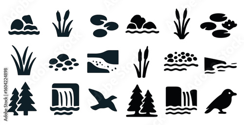Nature landscape silhouette icons set – environment, scenery, outdoor symbols