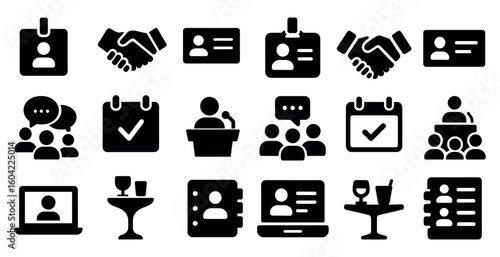 Business and communication solid icons set - silhouette, corporate, office symbols