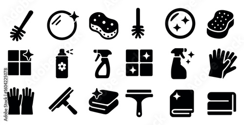 Cleaning tools solid icons set – filled, household chores, cleaning equipment symbols