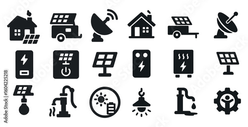 Solar energy silhouette icons set – renewable, sustainable power symbols