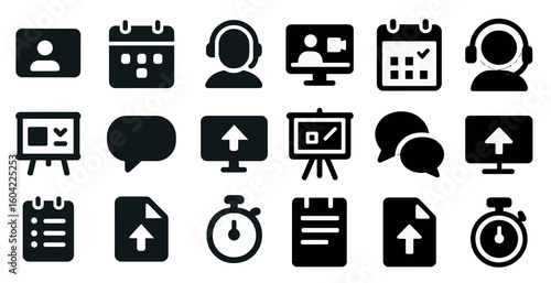 Communication and collaboration solid icons set – flat, filled, digital and online tools