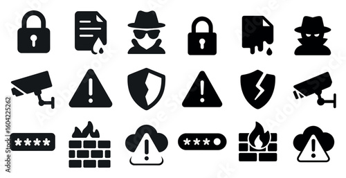 Cybersecurity filled icons set – solid, network, data protection symbols