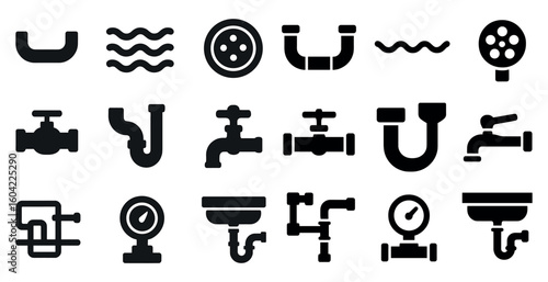 Plumbing solid icons set – pipes, valves, and repair tool symbols
