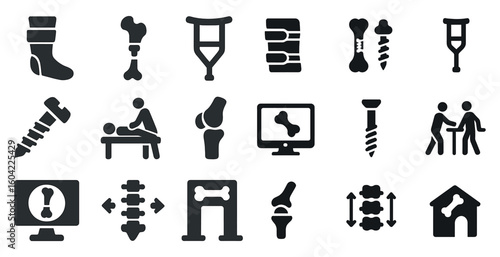 Orthopedic solid icons set – filled, medical, bone treatment symbols