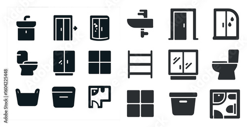 Bathroom and shower icons set – solid, filled, restroom and hygiene symbols