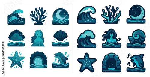 Ocean adventure icons set – flat, filled, sea and marine life symbols