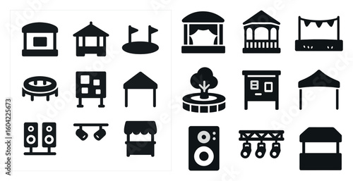 Outdoor event solid icons set – silhouette, festival, park gathering symbols