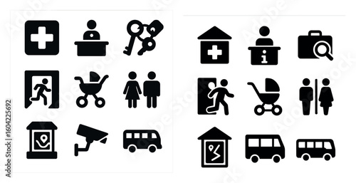Public services glyph icons set – solid, filled, community and facilities symbols