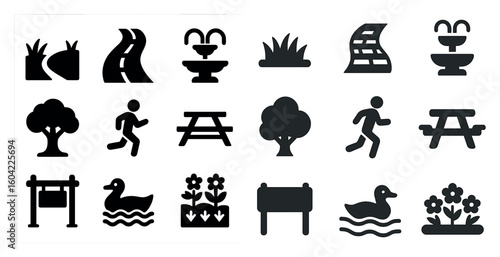 Park and recreation silhouette icons set – solid, outdoor, nature symbols