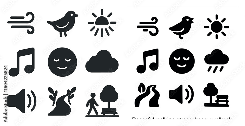 Naklejka premium Weather and nature solid icons set – filled, silhouette, environment symbols