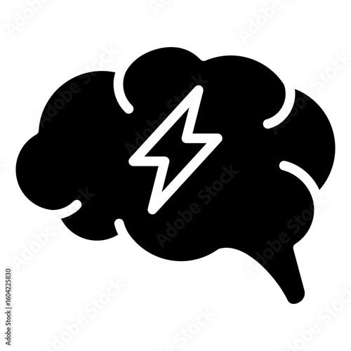Brainstorm Glyph Black Silhouette Vector Design - Brain with lightning bolt, symbolizing creative thinking, brainstorming, or sudden idea