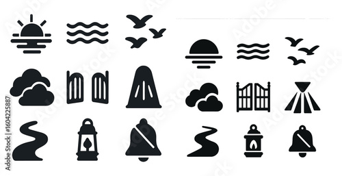 Nature and camping icons set – silhouette, filled, outdoor and adventure symbols