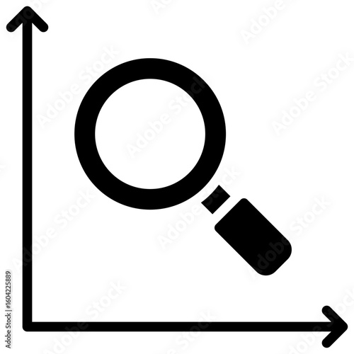 Data Exploration Glyph Black Silhouette Vector Design - Magnifying glass with axis chart, representing data analysis, exploration, or growth tracking
