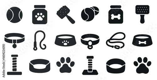 Pet care solid icons set – flat, filled, animal and grooming symbols
