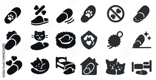 Pet care solid icons set – flat, filled, animal and feline care symbols