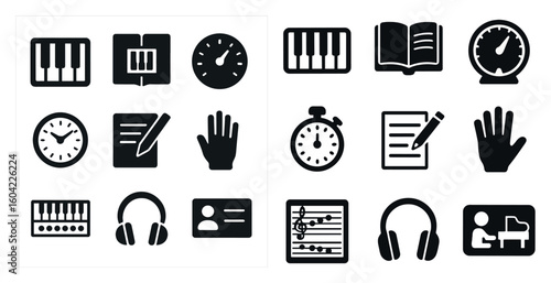 Music and education solid icons set – filled, learning and teaching symbols