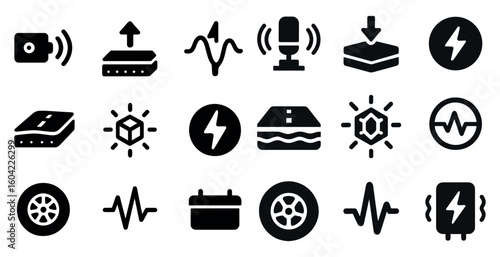Tech and networking solid icons set – filled, communications, data symbols