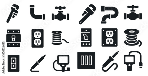 Plumbing and tools solid icons set – filled, repair, maintenance symbols