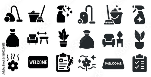 Cleaning and organization icons set – solid, filled, housekeeping and tidy symbols