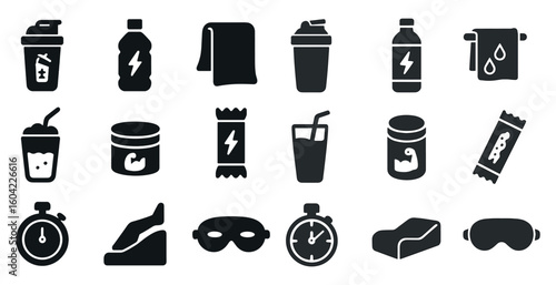 Fitness and nutrition solid icons set – silhouette, workout, health symbols