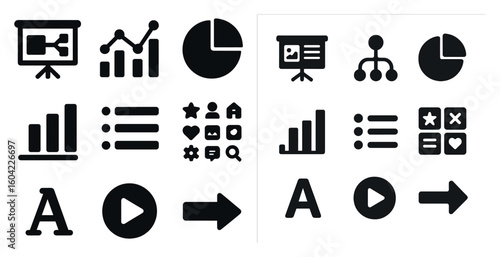 Business and finance solid icons set — 3d, filled, analytics and planning symbols