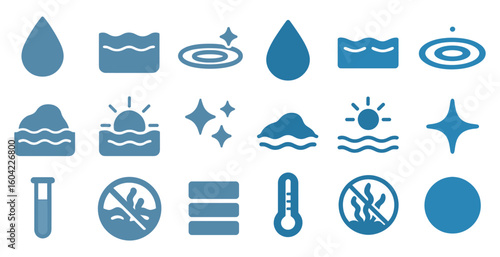Water and science icons set - filled, silhouette, aquatic and laboratory symbols