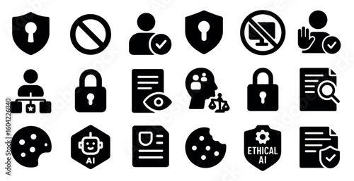 Privacy and security solid icons set – digital protection and online safety symbols
