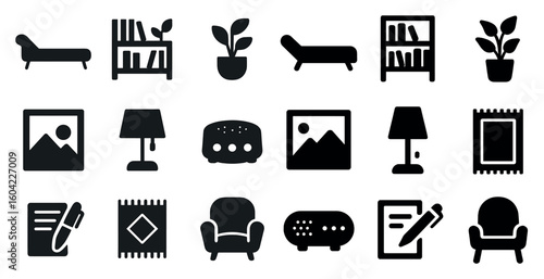 Home and furniture solid icons set – silhouette, filled, decor and interior symbols