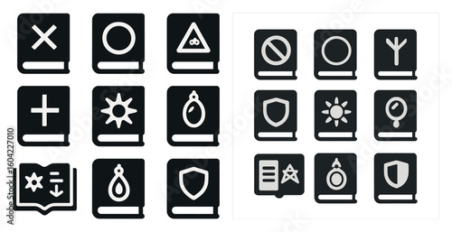 Alchemy and magic solid icons set – flat, filled, mystical symbols and potion signs