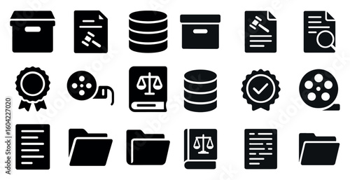 Legal and document solid icons set - filled, silhouette, law and contract symbols