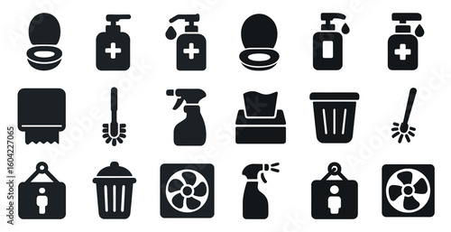 Bathroom and cleaning icons set – solid, filled, hygiene and sanitation symbols