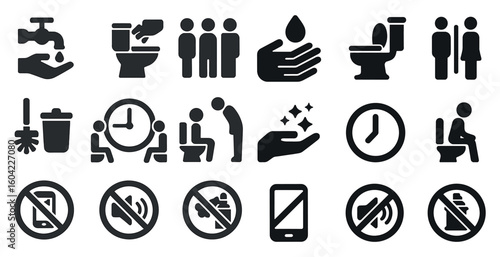Hygiene and restroom solid icons set – flat, filled, cleaning and sanitary symbols