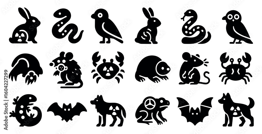 Fototapeta premium Animal and nature silhouette icons set – filled, solid, wildlife and ecological symbols
