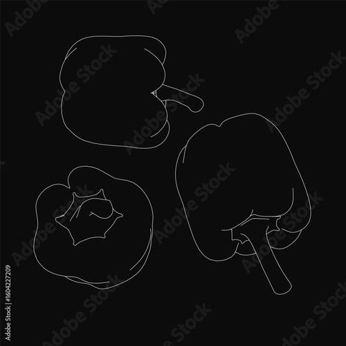 Three white-outlined bell peppers contrast sharply against a black background in this minimalist line drawing. The clean, striking lines highlight their natural curves and contours