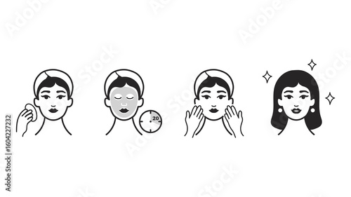 How to use the facial mask step by step, vector illustration. Instructions for using a face mask. Cosmetology and beauty theme. Skincare routine icons. Korean cosmetics packaging design 