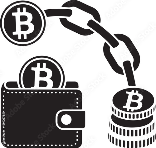 Bitcoin wallet linked to blockchain and stacked coins